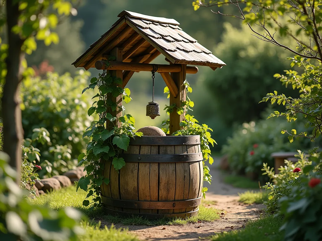 Rustic Oak Barrel Wishing Well with Climbing Vines - A charming garden wishing well made from a vertically split oak wine barrel, centered in a lush garden setting. The well features weathered wood with natural patina, topped with a peaked wooden roof covered in cedar shingles. Delicate climbing vines gracefully wind around the structure, with tendrils reaching up the sides. The scene is captured in soft natural lighting, creating a romantic, vintage atmosphere. The barrel's authentic wood grain and metal bands are visible, showing its wine barrel origins. Surrounding the well are dappled shadows and gentle greenery, photographed in a dreamy, enchanted garden style.