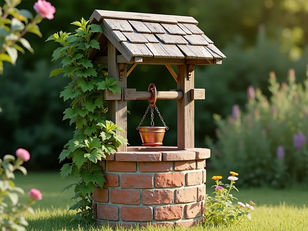 Rustic Recycled Material Wishing Well - A charming garden wishing well crafted from reclaimed materials, featuring weathered barn wood planks, vintage red brick, and antique copper hardware. The well has a peaked roof made from salvaged wooden shingles, with climbing ivy partially covering one side. The base combines mismatched vintage bricks in warm earth tones, creating an artistic patchwork pattern. Rustic iron bucket and pulley system adds authentic detail. Soft afternoon sunlight casts dappled shadows across the structure, with wildflowers growing naturally around the base. Photorealistic, cottage core aesthetic, 4k quality