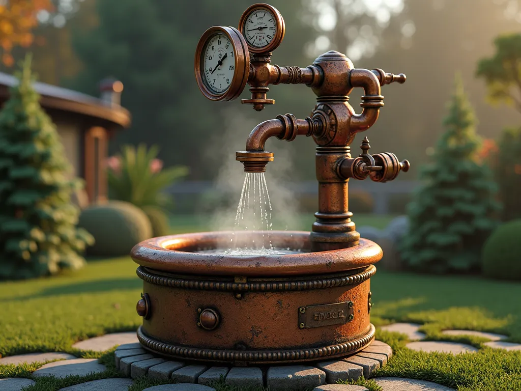 Steampunk Wishing Well with Copper and Brass Accents - A whimsical steampunk-style garden wishing well with ornate copper pipes and brass gears, featuring vintage pressure gauges and metal fixtures. The well's structure combines weathered copper and brass elements with exposed mechanical components. Steam wisps emerge from decorative Victorian-era valves. The well is adorned with intricate metalwork patterns and patina effects in copper and bronze tones. Soft ambient lighting highlights the metallic surfaces, creating a magical atmosphere. Hyperrealistic, detailed craftsmanship, cinematic lighting, 8k resolution.