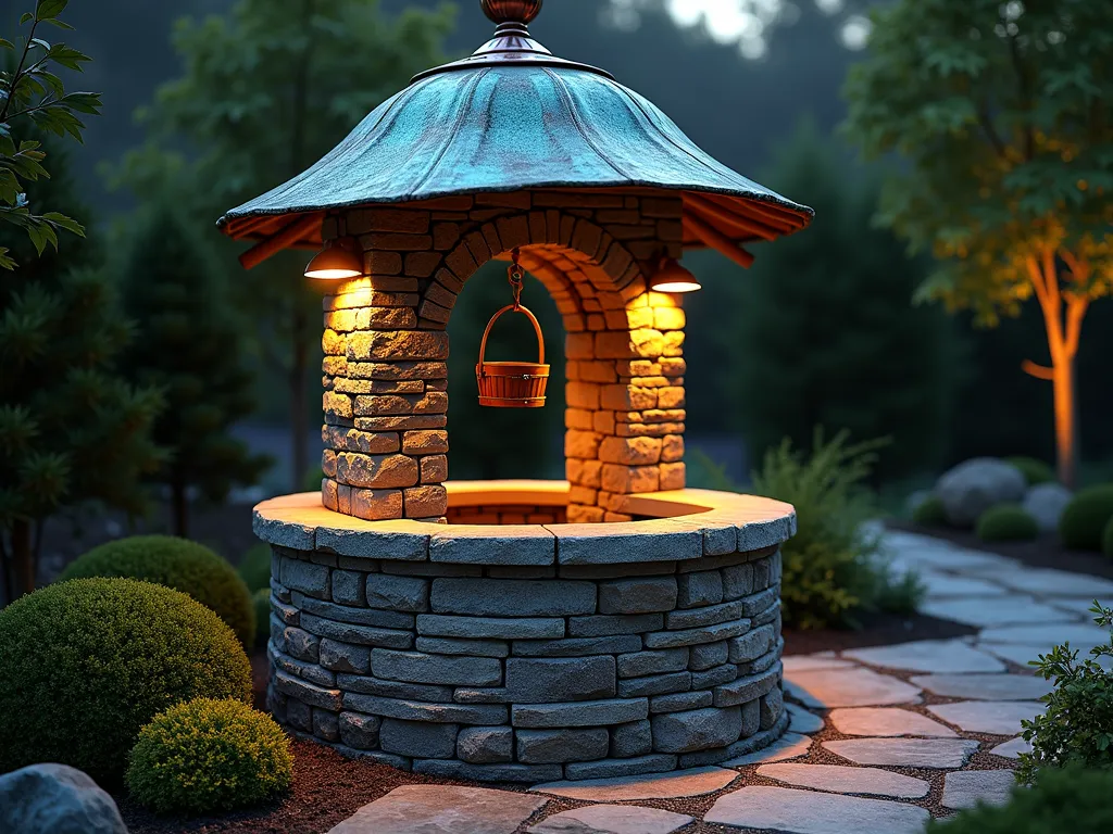 Stone and Copper Wishing Well at Twilight - A professional architectural photograph of an elegant garden wishing well crafted from natural stacked stone and topped with a weathered copper roof with verdigris patina. The well features traditional round design with arched opening and wooden bucket. Warm LED uplighting illuminates the stonework creating dramatic shadows, set in a twilight garden scene. The copper dome reflects the last light of day with hints of green patina. Photorealistic, high detail, moody atmospheric lighting, architectural focus, 32MP quality