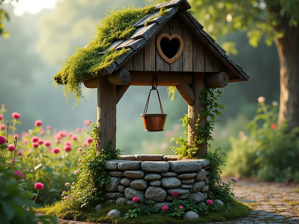 Fairy Tale Wishing Well with Moss-Covered Stones - A charming storybook-style wishing well in a garden setting, featuring weathered wooden planks and moss-covered stone base, 8k photography, dramatic lighting, crooked thatched roof with slight overhang, heart-shaped window with rustic wooden frame, curved wooden support beam, vintage copper bucket hanging from rustic rope, climbing ivy and wild roses around base, surrounded by flowering cottage garden, morning mist, ethereal atmosphere, fairy tale aesthetic, photorealistic detail