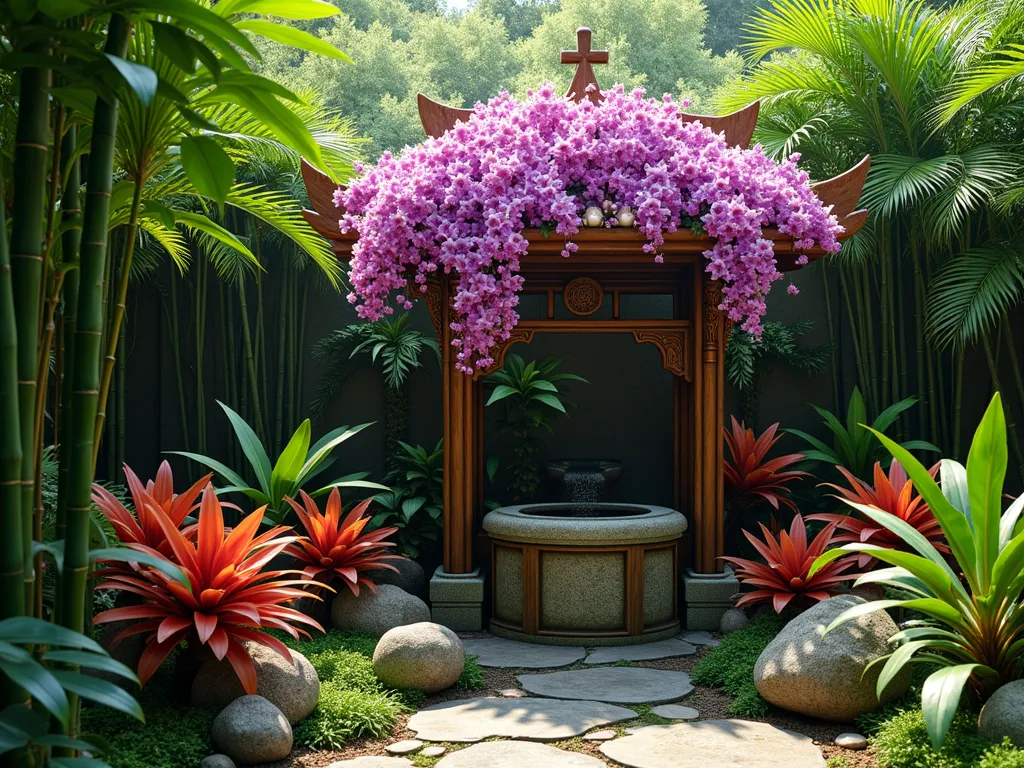 Tropical Wishing Well Paradise - A photorealistic garden scene featuring an elegant teak and bamboo wishing well surrounded by lush tropical vegetation. Vibrant purple and pink orchids cascade from the well's structure, while large-leafed bromeliads in rich reds and oranges create ground-level drama. Dense clusters of emerald bamboo frame the background, creating natural walls. A small stone water feature trickles beside the well, surrounded by monstera deliciosa and bird of paradise plants. Dappled sunlight filters through the canopy, creating a magical, jungle-like atmosphere with soft natural lighting. The well's design incorporates intricate Balinese-inspired carved details, 8k resolution, professional landscaping photography style.