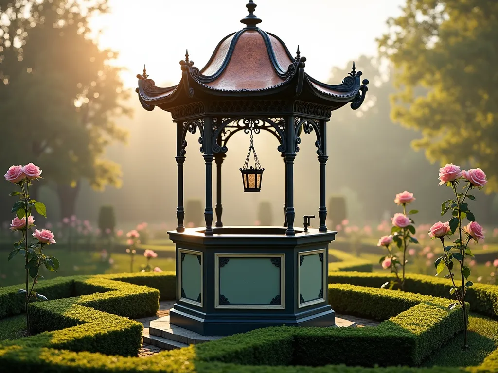 Victorian Wishing Well with Formal Garden - A majestic Victorian-style wishing well crafted with ornate black wrought ironwork and decorative spindles, topped with an aged copper cupola glowing in warm sunlight. The well features intricate heritage sage green and cream painted details. Perfectly manicured boxwood hedges create geometric patterns around the base, while tall standard roses with pink blooms stand sentinel. The scene is captured in soft morning light with a dreamy atmosphere, highlighting the elegant architectural details and formal garden design. Photorealistic, highly detailed, professional landscape photography style.