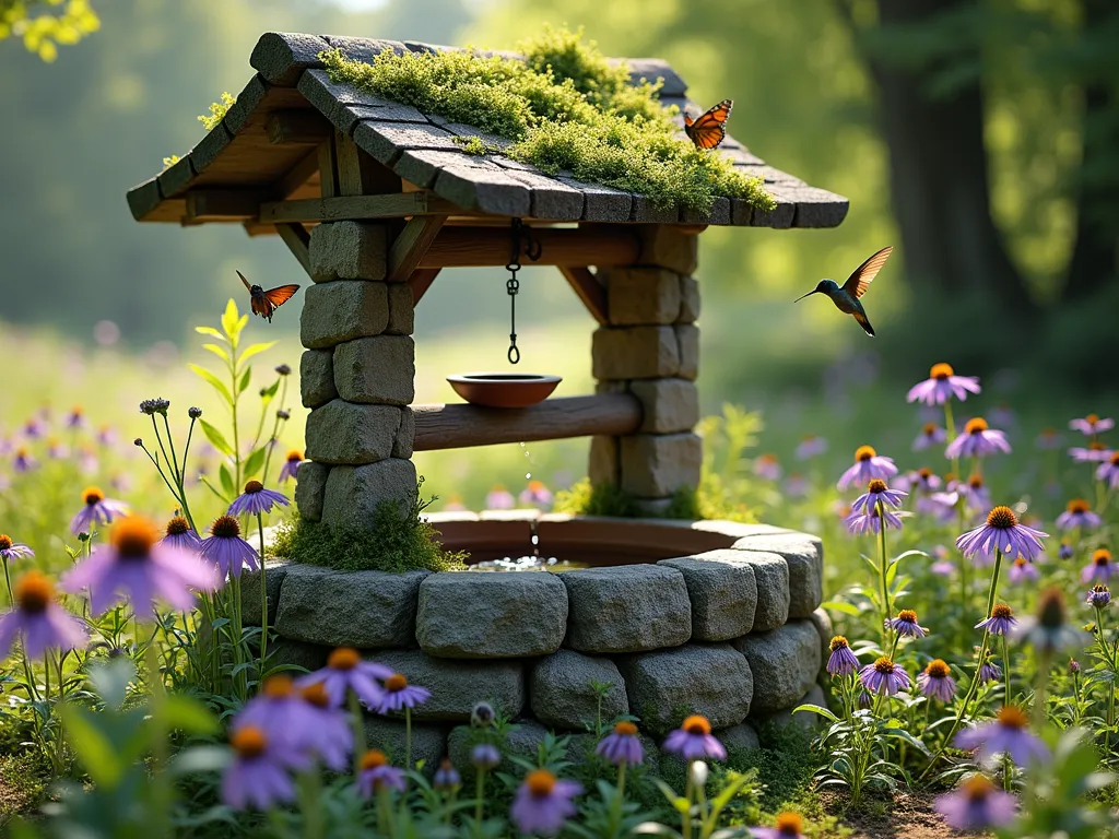 Natural Wildlife Sanctuary Wishing Well - A rustic stone wishing well surrounded by native wildflowers and ferns, with built-in terracotta bird baths at different levels. The well features moss-covered stones with small crevices housing wooden bug hotels and butterfly shelters. Natural light streams through surrounding trees, illuminating purple coneflowers, black-eyed susans, and native grasses. A hummingbird hovers near the well, while butterflies rest on the flowering plants. The scene is captured in a soft, morning light with a shallow depth of field, creating a dreamy, enchanted garden atmosphere.