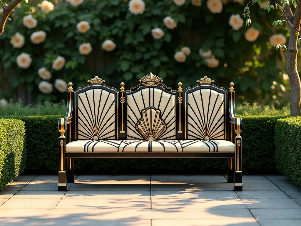 Art Deco Garden Bench in Black and Gold - A luxurious garden bench painted in a striking Art Deco pattern, featuring bold geometric designs in black, gold, and cream against a lush garden backdrop. The bench showcases zigzag patterns, sunburst motifs, and stepped forms typical of 1920s design. Positioned on an elegant stone patio, surrounded by manicured boxwood hedges and climbing roses. Soft evening lighting creates dramatic shadows that highlight the metallic gold accents on the bench. Photorealistic, high-end architectural photography style, 8k resolution.