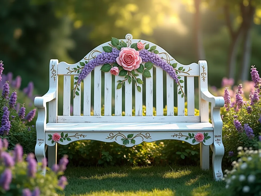 Botanical Pattern Hand-Painted Garden Bench - A dreamy garden scene featuring an elegant white wooden garden bench intricately hand-painted with delicate botanical patterns, including detailed pink roses, purple wisteria, and emerald vine leaves flowing across its surface. The bench sits in a lush English garden setting with climbing roses and lavender in the background, dappled sunlight filtering through overhead trees. The painted details on the bench show fine brushwork and artistic craftsmanship, with gold accents highlighting the botanical designs. Soft morning light creates a magical atmosphere, cinematic lighting, professional photography, 8k resolution