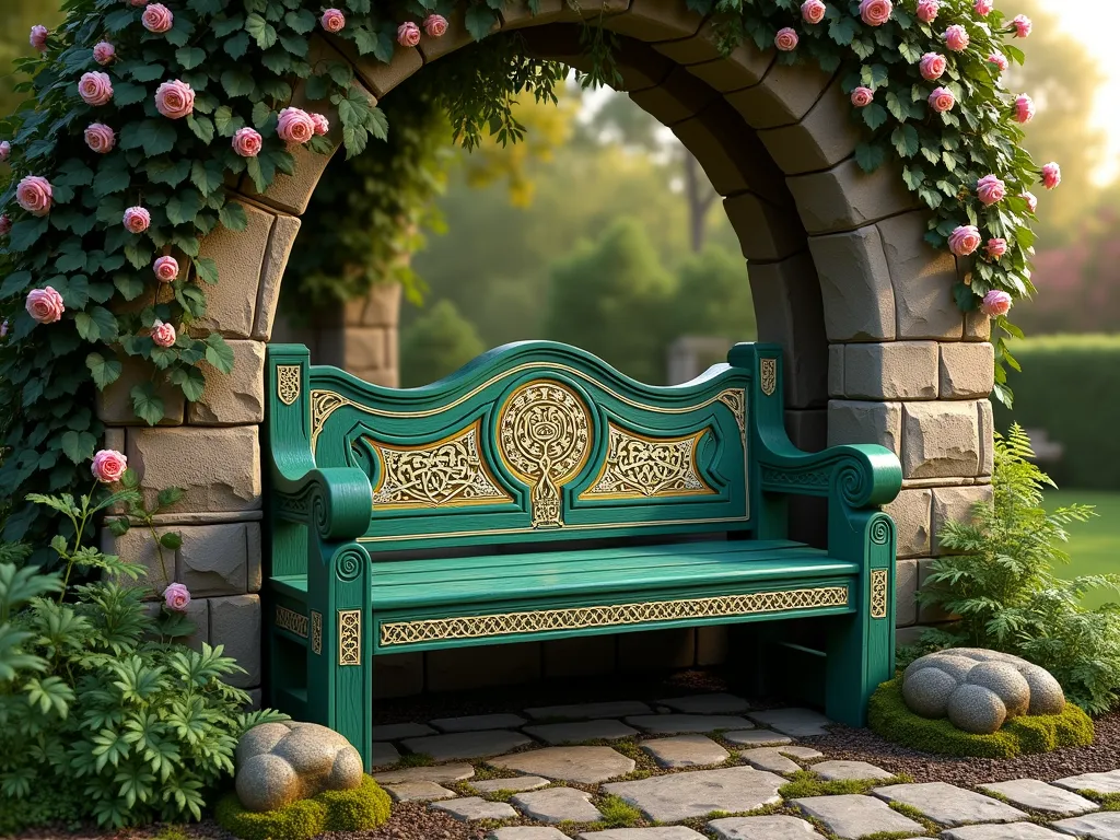 Celtic Garden Bench in Enchanted Setting - A handcrafted wooden garden bench painted in deep forest green with intricate gold and cream Celtic knot patterns along the backrest and seat edges, photographed in a cottage garden setting. The bench sits beneath a weathered stone archway covered in climbing roses and ivy. Soft evening light filters through nearby trees, creating a magical atmosphere. Traditional Celtic spirals and interwoven patterns are meticulously detailed on the bench's surfaces, complemented by moss-covered stones and native ferns at its base. Photorealistic, highly detailed, masterful craftsmanship, 4K quality.