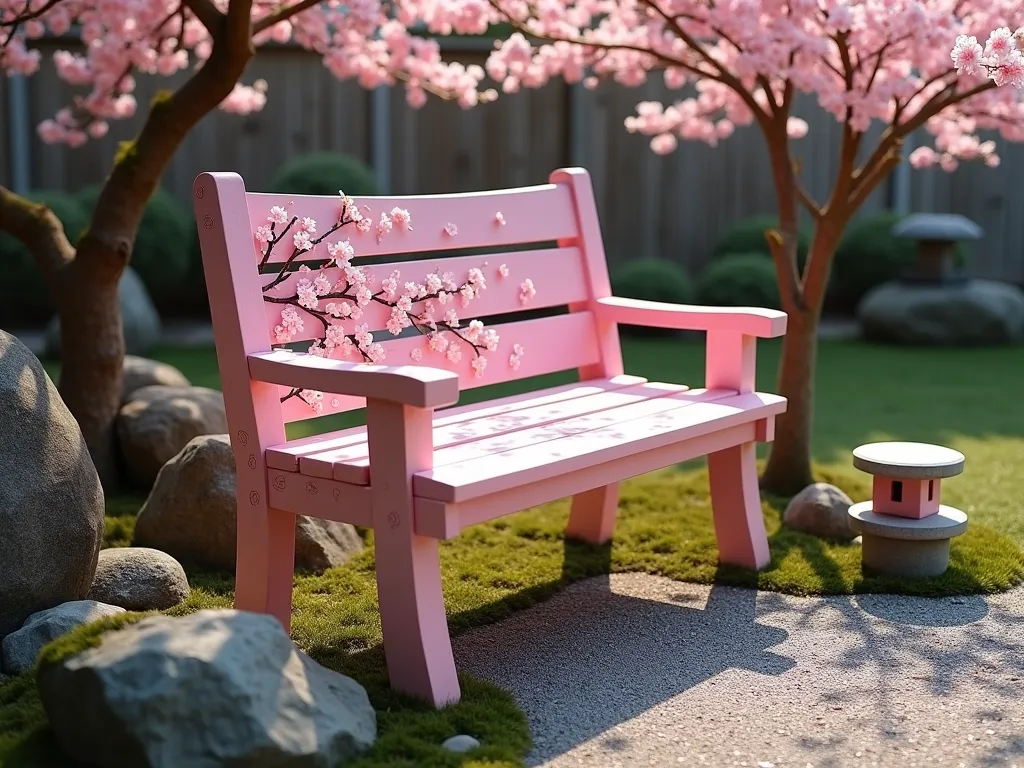 Cherry Blossom Garden Bench in Zen Setting - A serene garden scene featuring a handcrafted wooden bench painted in soft cherry blossom pink, adorned with intricate hand-painted cherry blossom branches and petals flowing across its back and seat. The bench is positioned in a peaceful Japanese-inspired garden setting with a small stone lantern nearby, surrounded by carefully arranged rocks and moss. Natural sunlight filters through actual cherry blossom trees in the background, creating dappled shadows on the bench. The scene includes a small gravel path and carefully manicured bonsai trees, embodying the essence of Japanese garden design.