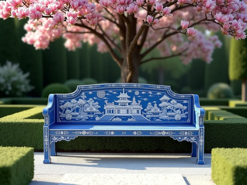 Chinoiserie Blue and White Garden Bench - A meticulously hand-painted wooden garden bench featuring intricate Chinoiserie patterns in cobalt blue and crisp white, set against a formal garden backdrop. The bench showcases elegant pagoda motifs, delicate cherry blossoms, and traditional Chinese landscapes. Perfectly positioned beneath a flowering magnolia tree, surrounded by structured boxwood hedges and white pebble pathways. The scene is bathed in soft natural lighting, creating a serene and sophisticated Oriental garden vignette. Photorealistic, high detail, 4K quality.