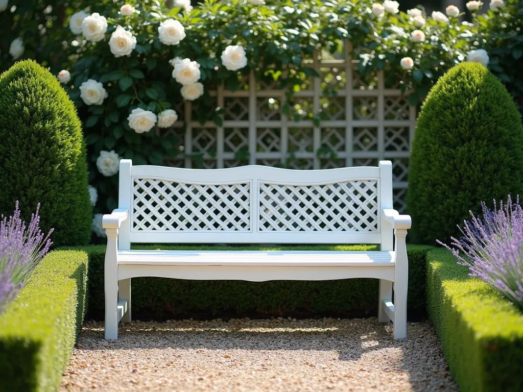 Classic White Lattice Garden Bench - A perfectly painted wooden garden bench in pristine white with intricate hand-painted lattice patterns in soft dove gray, positioned in a formal English garden setting. The bench is flanked by meticulously trimmed boxwood hedges and climbing white roses on an elegant trellis backdrop. Soft morning sunlight filters through nearby trees, casting delicate shadows across the bench's detailed lattice work. A gravel pathway leads to the bench, with lavender borders adding a touch of classic sophistication. Photorealistic, high-end garden photography style, soft natural lighting, 4k quality.