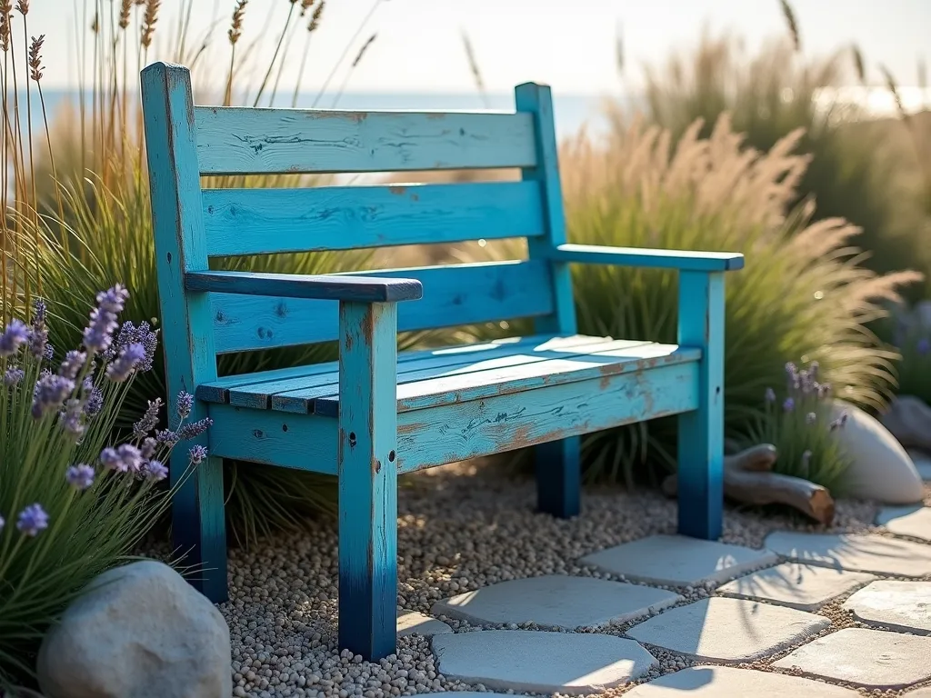 Coastal Ombre Garden Bench - A weathered wooden garden bench painted in a stunning ombre gradient from deep navy blue at the base through ocean blue, turquoise, and finally soft aqua at the top, positioned in a serene coastal garden setting. The bench sits on a natural stone patio surrounded by ornamental grasses, with soft beachy landscape elements like beach pebbles and driftwood scattered nearby. Wispy sea lavender and coastal vegetation frame the scene, while filtered sunlight creates a dreamy, peaceful atmosphere. The backdrop features swaying beach grass and hints of the ocean, creating a harmonious coastal sanctuary, photorealistic style, 4K quality