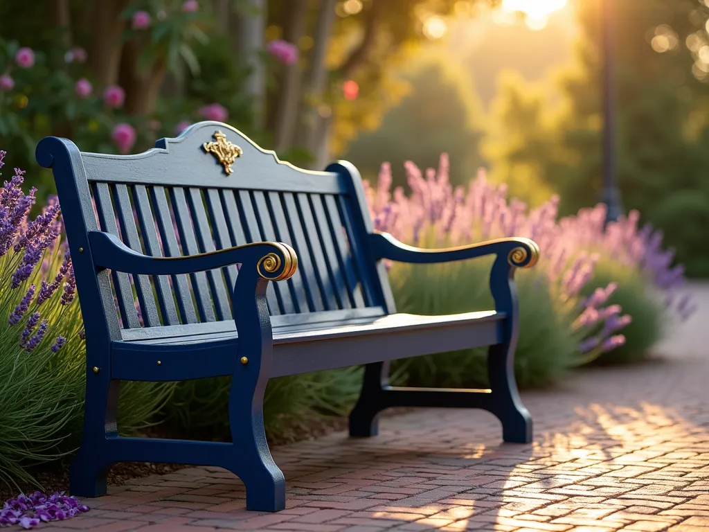 Elegant Gold-Accented Garden Bench at Sunset - A sophisticated navy blue wooden garden bench with ornate metallic gold accents on curved armrests and decorative leg details, positioned in a romantic garden setting. The bench is photographed during golden hour, with warm sunlight catching the metallic details creating a luxurious shimmer. Placed against a backdrop of soft-focused lavender plants and climbing roses, with dappled evening light filtering through overhead trees. The scene features a herringbone brick pathway and scattered rose petals near the bench base, creating an enchanting atmosphere.