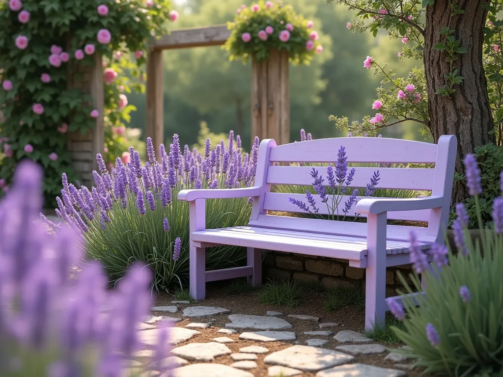 Lavender Garden Bench in Cottage Setting - A charming garden scene featuring a wooden bench painted in soft lavender with delicate hand-painted sprigs of lavender flowers adorning the backrest. The bench is nestled in a romantic cottage garden setting with blooming lavender plants surrounding it. Soft afternoon sunlight filters through, creating a dreamy Provençal atmosphere. The garden includes weathered stone pathways, climbing roses on a rustic trellis in the background, and billowing purple lavender bushes swaying in the breeze. Photorealistic, detailed, cinematic lighting, pastoral French countryside style.