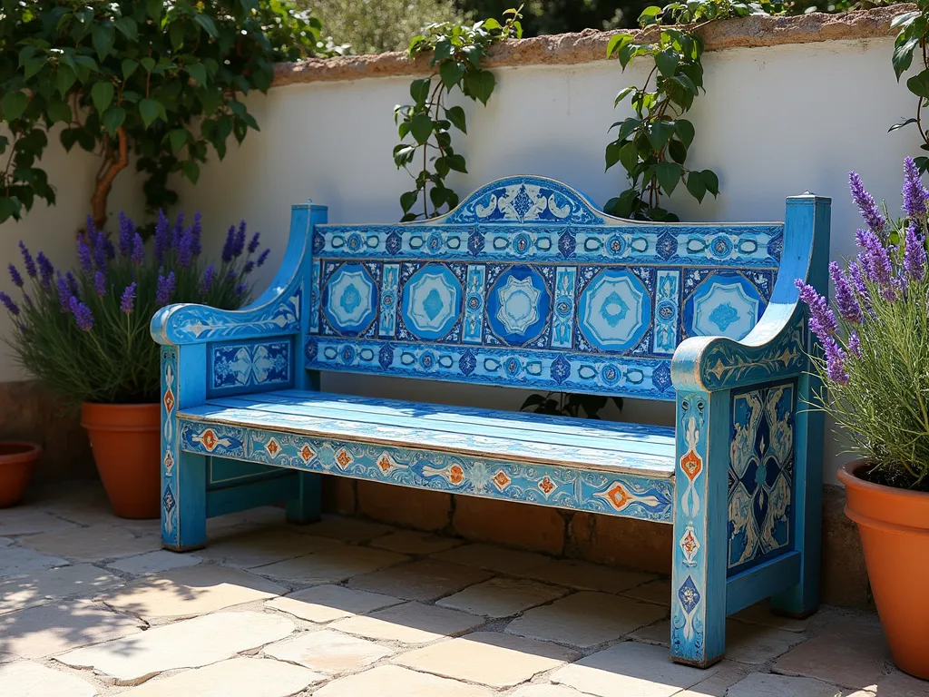 Mediterranean Blue Mosaic Garden Bench - A beautifully painted wooden garden bench featuring an intricate mosaic pattern in various shades of azure, cobalt, and cerulean blue against a pristine white background. The bench sits in a sun-dappled Mediterranean garden setting with terracotta pots and climbing bougainvillea. The detailed brushwork on the bench creates an authentic tile-like pattern reminiscent of Spanish and Greek mosaics. The bench is positioned on a natural stone patio, with lavender bushes and olive trees in the background, creating a serene coastal Mediterranean atmosphere. Photorealistic, high detail, soft natural lighting.