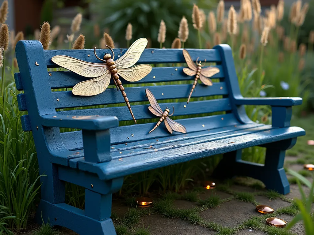 Metallic Dragonfly Garden Bench - A stunning wooden garden bench painted in deep midnight blue, adorned with intricately detailed dragonflies in iridescent silver, gold, and copper metallic paint. The dragonflies appear to be dancing across the bench's surface, with delicate wing details catching the sunlight. The bench is positioned in a peaceful garden setting with soft, ornamental grasses swaying in the background, and subtle garden lighting creating a magical atmosphere. A few scattered copper solar lights illuminate the scene, making the metallic dragonflies shimmer.