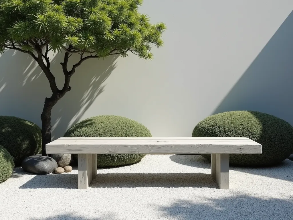 Minimalist Zen Garden Bench in Soft Gray - A serene garden scene featuring a wooden bench painted in soft matte gray with simple black brushstroke details, set against a minimalist Japanese-inspired garden. The bench rests on a bed of raked white gravel with carefully placed dark river rocks. Surrounding the bench are carefully pruned cloud-like azalea bushes and a single elegant Japanese maple tree casting gentle shadows. Natural sunlight filters through creating a peaceful, contemplative atmosphere. The composition emphasizes negative space and clean lines, photographed in soft morning light.