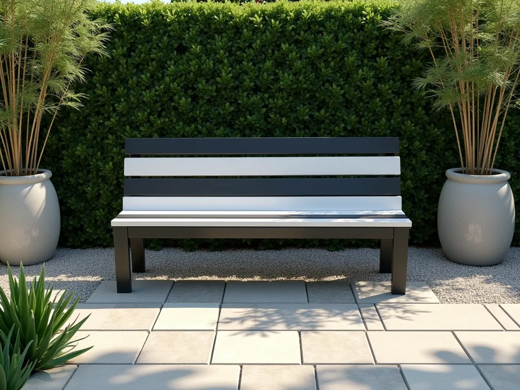 Modern Monochrome Striped Garden Bench - A sleek modern garden bench painted in alternating black and white stripes of varying widths, positioned in a contemporary zen garden setting with natural stone pavers. The bench features clean lines and a minimalist design, casting dramatic shadows on light gravel below. Architectural ornamental grasses and modern sculptural planters with bamboo frame the scene. Soft morning light highlights the crisp contrast between the stripes, while a backdrop of neat boxwood hedging creates a sophisticated green canvas. Photorealistic, high detail, 4K quality.