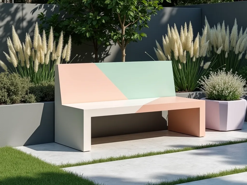 Modern Pastel Color Block Garden Bench - A contemporary garden bench in a serene setting, featuring geometric color blocking in soft pastel mint green, blush pink, and pale lavender. The bench has clean lines and a minimalist design, with each geometric section precisely painted in a different pastel shade. It sits on a light gray stone patio, surrounded by ornamental grasses and white flowering plants. Modern landscaping elements include geometric planters with succulents, creating a sophisticated and harmonious outdoor space. Natural sunlight casts gentle shadows, highlighting the subtle color transitions on the bench. Photorealistic, high detail, architectural photography style.