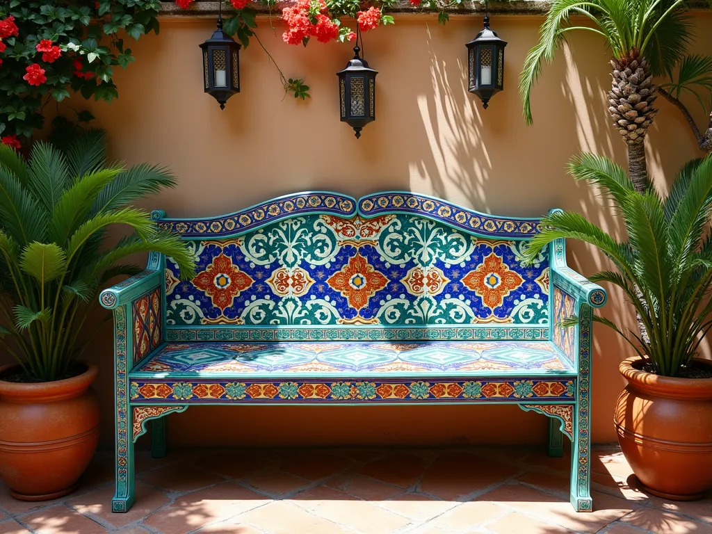 Moroccan Tile Pattern Garden Bench - A stunning garden bench painted in vibrant Mediterranean colors featuring an intricate Moroccan tile pattern with deep cobalt blue, turquoise, terracotta, and gold geometric designs. The bench sits in a lush garden setting with potted palm trees and flowering bougainvillea, against a weathered stucco wall with climbing jasmine. Moroccan-style metal lanterns and colorful ceramic pots complete the exotic scene, captured in bright natural sunlight creating dramatic shadows across the detailed paintwork. Photorealistic, high detail, 4K, lifestyle photography