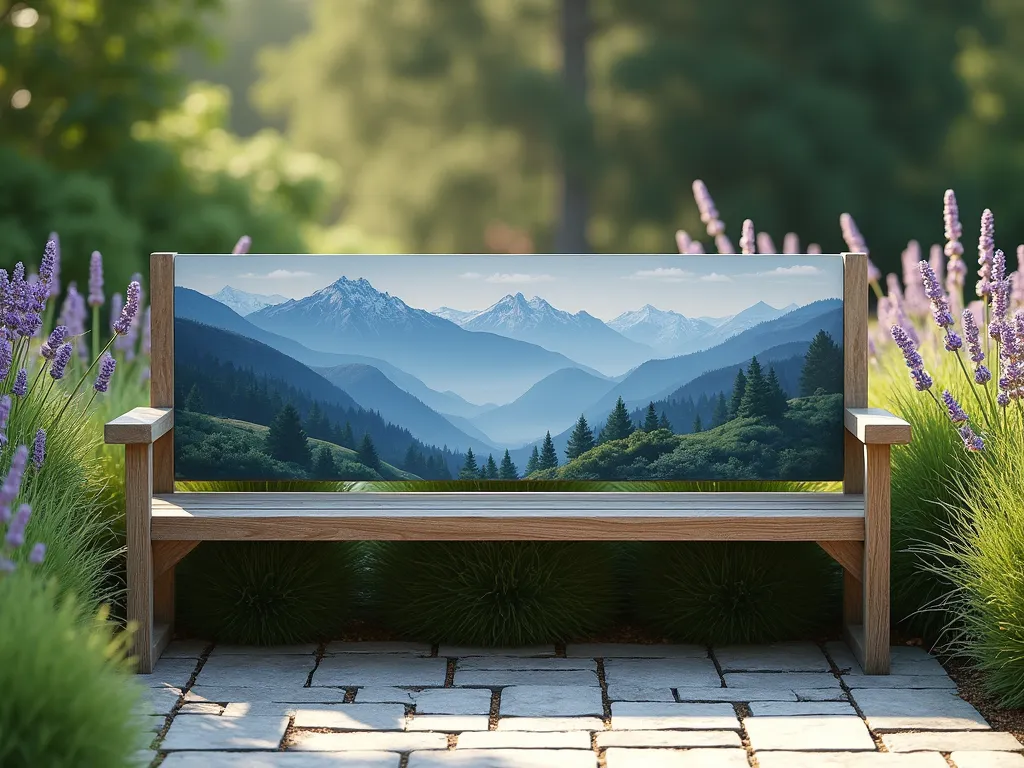 Mountain Landscape Garden Bench - A serene garden scene featuring a wooden garden bench painted with a stunning panoramic mountain landscape across its back. The mountains are rendered in misty blues and soft greys, with snow-capped peaks and gentle valleys. The bench sits in a peaceful garden setting with natural stone pavers, surrounded by ornamental grasses and lavender. Early morning light casts a gentle glow, creating a contemplative atmosphere. Photorealistic, high detail, peaceful atmosphere, 4K.