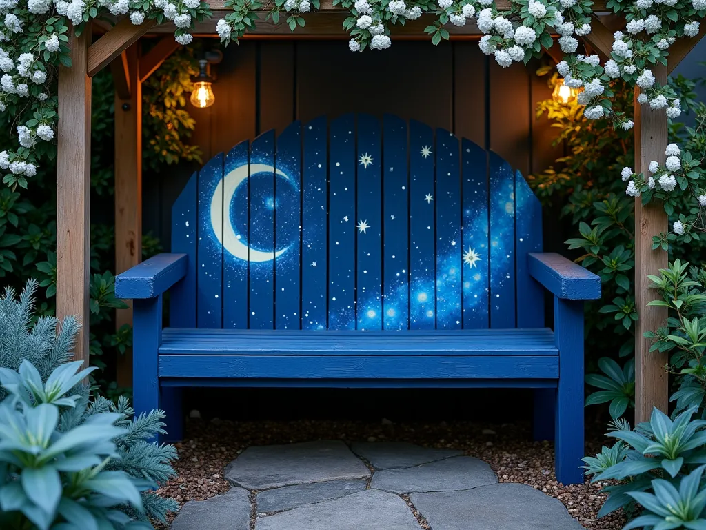 Mystical Night Sky Garden Bench - A wooden garden bench painted in deep midnight blue with an ethereal cosmic design featuring a glowing crescent moon, shimmering stars, and subtle galaxy swirls. The bench sits in a moonlit garden setting surrounded by silver-leafed plants and white flowering bushes. Soft garden lights illuminate the scene, creating a magical atmosphere where the painted celestial elements seem to glow against the dark background. The bench is positioned under a pergola draped with climbing white jasmine.