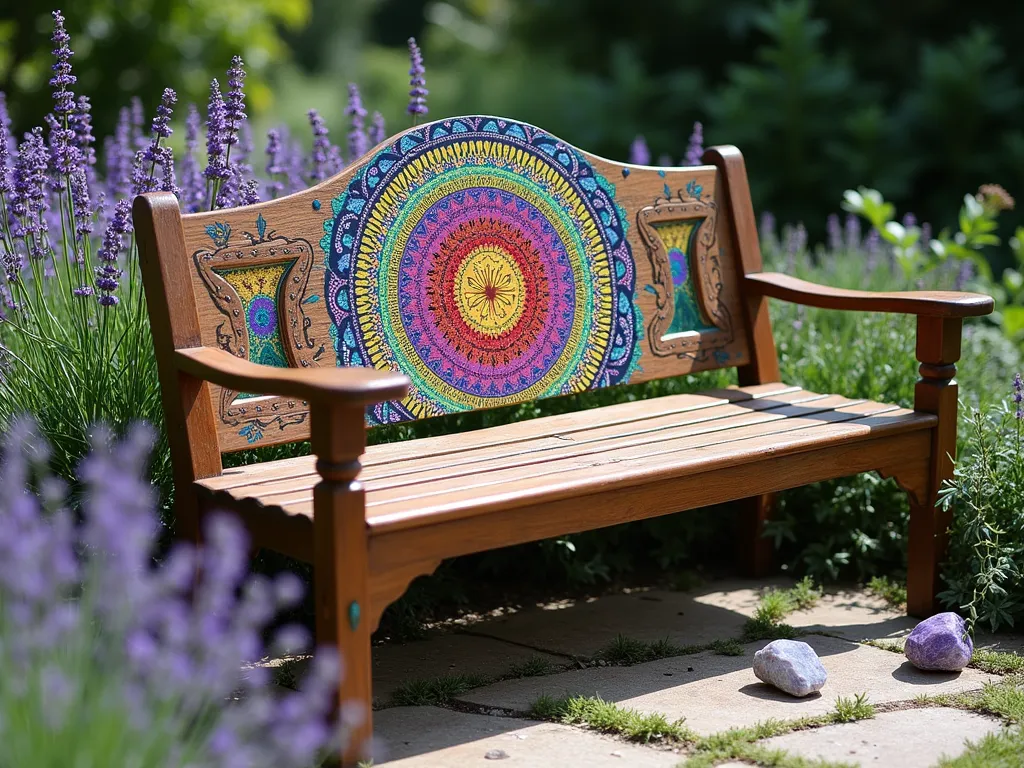 Rainbow Mandala Garden Bench - A wooden garden bench painted with an intricate, vibrant mandala pattern featuring concentric circles in rainbow colors - purples, blues, greens, yellows, oranges, and reds. The bench sits in a peaceful garden corner surrounded by flowing lavender plants and ornamental grasses. Soft natural lighting highlights the detailed geometric patterns and sacred symbols within the mandala design. The bench is positioned on a natural stone patio with trailing vines and meditation crystals artfully placed nearby, creating a serene bohemian meditation space.