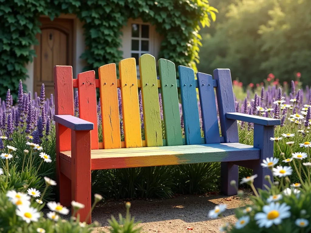 Rainbow Garden Bench in Cottage Garden - A charming wooden garden bench with vertical slats painted in vibrant rainbow colors, transitioning smoothly from red through orange, yellow, green, blue, indigo, to violet. The bench sits in a whimsical cottage garden setting, surrounded by blooming lavender and white daisies. Soft afternoon sunlight filters through nearby trees, casting gentle shadows across the bench. The background features a rustic stone wall covered in climbing ivy, creating a magical, enchanted garden atmosphere. Photorealistic, high detail, warm lighting, professional photography style.