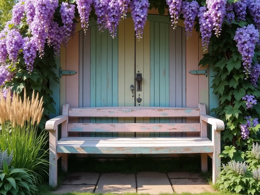 Rustic Rainbow Garden Bench - A weathered wooden garden bench painted in soft, distressed rainbow colors including faded blues, muted pinks, worn sage greens, and subtle lavenders, positioned beneath a blooming wisteria arch. The paint appears naturally weathered and artistically distressed, revealing hints of wood grain beneath. Morning sunlight filters through the wisteria, casting dappled shadows on the bench's rustic rainbow finish. Surrounding the bench are cottage-style plantings of lavender and wild grasses, creating a dreamy, romantic garden setting. Photorealistic, soft morning light, artisanal quality, high detail.