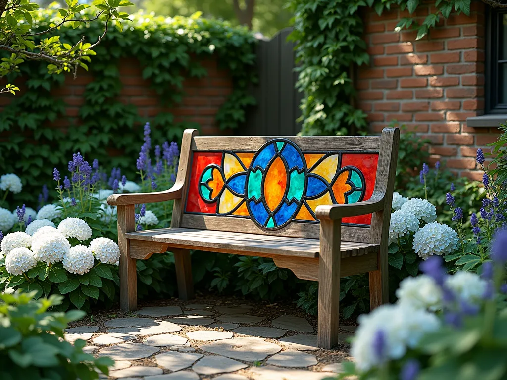 Stained Glass Garden Bench - A wooden garden bench painted with vibrant geometric patterns in jewel tones of sapphire blue, emerald green, ruby red, and amber yellow, with bold black outlines creating a striking stained glass effect. The bench is positioned in a serene garden setting with dappled sunlight filtering through overhead trees, casting colorful shadows on the ground. Surrounding the bench are clusters of white hydrangeas and lavender plants, with a natural stone pathway leading to it. The background features a weathered brick wall covered in climbing ivy, creating a enchanting vintage garden atmosphere. Photorealistic, highly detailed, soft natural lighting.