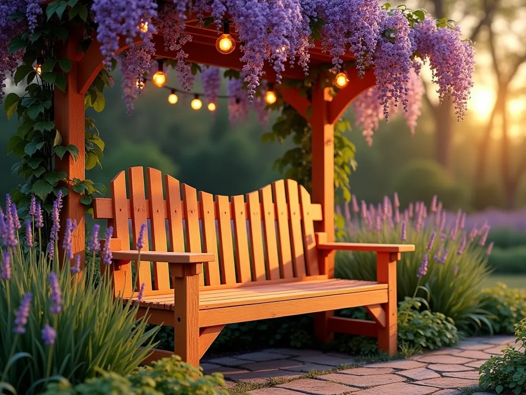 Sunset Orange Fade Garden Bench - A beautifully painted wooden garden bench with a gradient fade from deep burnt orange to soft golden yellow, positioned in a tranquil garden setting at dusk. The bench sits under a blooming wisteria pergola, with soft evening light filtering through. Lavender plants and ornamental grasses sway gently in the foreground, while string lights twinkle overhead. The bench's finish has a subtle sheen that captures the warm glow of the setting sun, creating a magical atmosphere in the garden sanctuary. Photorealistic, high detail, cinematic lighting, golden hour.