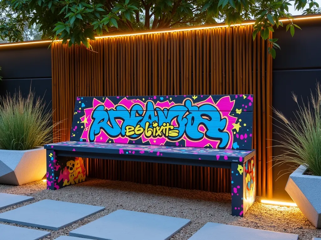 Urban Graffiti Garden Bench - A modern garden scene featuring a wooden bench painted in a striking urban graffiti style, with vibrant neon blues, hot pinks, and electric yellows creating abstract patterns and bold lettering against a deep black background. The bench is positioned in a contemporary urban garden setting with geometric concrete planters containing ornamental grasses. Clean lines of architectural bamboo frame the background, while LED strip lighting subtly illuminates the bench from below, making the graffiti art pop. The scene is captured during golden hour, creating dramatic shadows and highlighting the artistic elements of the bench design.