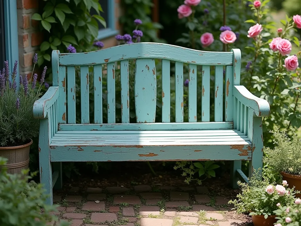 Vintage Teal Distressed Garden Bench - A weathered teal-painted wooden garden bench with distressed edges and corners revealing natural wood underneath, set against a rustic cottage garden backdrop with climbing roses and lavender. The bench features elegant curved armrests and slatted back, with subtle chips and wear marks giving it an authentic vintage appearance. Soft afternoon sunlight filters through nearby foliage, creating gentle shadows on the weathered teal paint. Surrounding the bench are cottage-style perennials and vintage garden accessories, creating a romantic, lived-in atmosphere, photorealistic, 4K, detailed texture