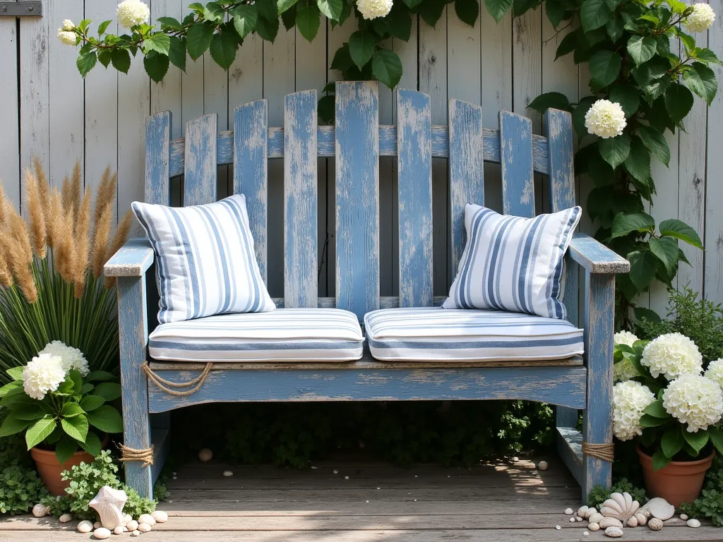 Weathered Nautical Garden Bench - A rustic wooden garden bench painted in classic navy blue and white stripes with a distressed, weathered finish, positioned against a weathered white fence adorned with climbing roses. The bench is styled with faded blue and white striped cushions and a weathered rope accent. Surrounding the bench are swaying ornamental grasses, white hydrangeas, and scattered seashells, creating a sophisticated coastal cottage garden atmosphere. Soft natural lighting creates gentle shadows, emphasizing the weathered texture of the painted wood.