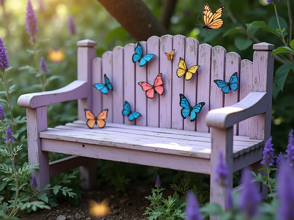 Whimsical Butterfly Garden Bench - A charming wooden garden bench painted in soft lavender with intricately detailed butterflies in shades of azure blue, coral pink, and golden yellow dancing across the backrest and seat. The bench sits in a dreamy cottage garden setting, surrounded by flowering butterfly bush, purple coneflowers, and lavender plants. Soft natural sunlight filters through nearby trees, creating a magical atmosphere with delicate shadows. The paintwork on the bench features a weathered, vintage finish that adds character and charm. Several real butterflies hover near the bench, creating a harmonious scene.