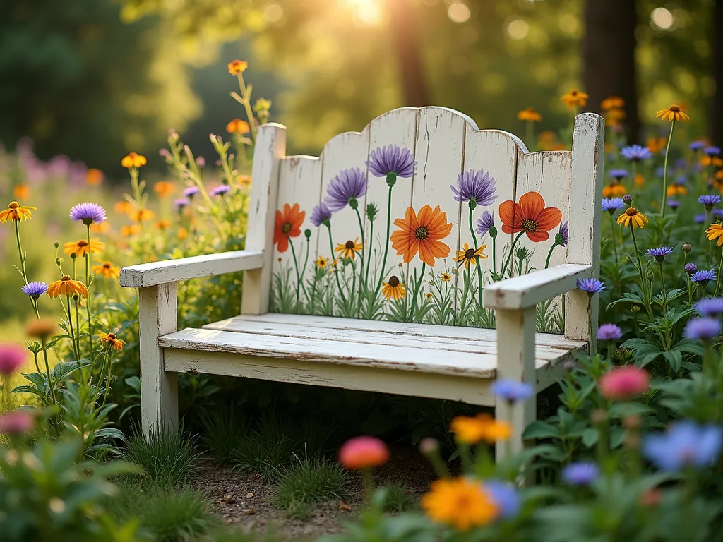 Wildflower Meadow Garden Bench - A charming wooden garden bench painted with a soft cream base color and adorned with detailed, artistically painted wildflowers including purple coneflowers, orange poppies, blue cornflowers, and yellow black-eyed susans. The bench sits in a natural garden setting surrounded by actual blooming wildflowers, with dappled sunlight filtering through overhead trees. The painted flowers appear to dance across the bench's backrest and seat, creating a whimsical, cottage-garden atmosphere. The scene is captured during golden hour, with soft, warm lighting enhancing the romantic garden setting. Photorealistic, high detail, landscape photography style.