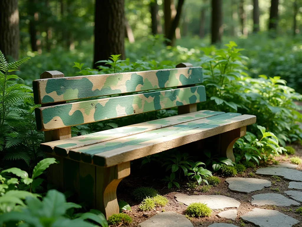 Woodland Green Camouflage Garden Bench - A rustic wooden garden bench painted in an artistic camouflage pattern using various natural green tones, from sage to forest green, nestled against a lush backdrop of ferns and hostas. Dappled sunlight filters through overhead tree canopy, creating subtle shadows on the bench's textured surface. The bench sits on a natural stone path surrounded by woodland perennials and moss patches, creating a serene forest garden setting. Photorealistic, high detail, soft natural lighting, 8k.