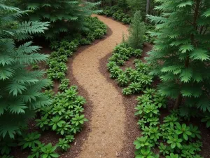 Aerial Forest Pathway - Drone view of a natural mulch pathway winding through dense woodland, creating an organic S-curve through native understory plants and fallen logs