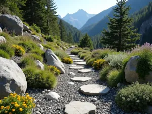 Alpine Rock Edge - Wide angle view of a mountain garden path with large boulder edging and alpine plants tucked between rocks