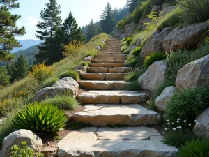 Alpine Stone Steps - Wide angle of rugged stone steps climbing up a hillside, flanked by alpine plants and rock garden specimens