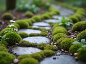 Ancient Cobblestone Path - Close-up of moss-covered antique cobblestones forming a curved path, with tiny alpine flowers growing between the stones