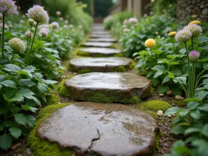 Ancient Flagstone Way - Wide angle view of weathered antique flagstone stepping stones with moss growing between, leading through cottage garden flowers