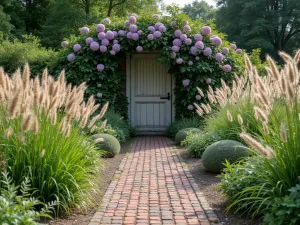 Antique Brick Pathway - Wide shot of a weathered brick path with aged patina, bordered by tall ornamental grasses and leading to a vintage garden gate covered in climbing clematis