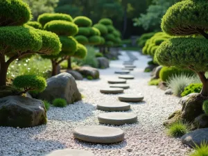 Asian-Inspired Gravel Path - Zen-like garden path with raked gravel patterns, featuring carefully placed stepping stones and cloud-pruned specimens, shot from a low angle