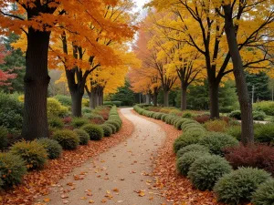 Autumn Curved Forest Path - Wide-angle view of a curving bark mulch path through trees with autumn foliage, surrounded by fallen leaves and late-season perennials