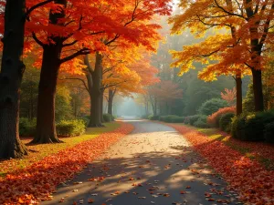 Autumn Forest Path - Wide path covered in fallen autumn leaves, bordered by Japanese maples and witch hazel showing fall colors, golden afternoon light