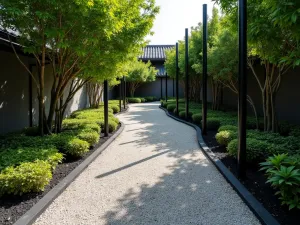 Bamboo Border Path - Wide-angle view of a zen garden path with black bamboo edging stakes and raked gravel, creating strong shadows