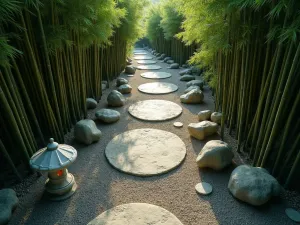 Bamboo-Lined Stepping Stone Path - Aerial view of circular stepping stones creating a meandering path through tall bamboo groves, with groundcover of fine gravel and scattered stone lanterns