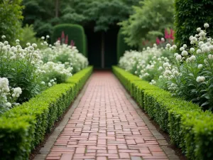 Basket Weave Brick Pattern - Detailed shot of a basket weave pattern brick path, bordered by perfectly trimmed box hedging and white flowering annuals