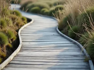 Beach-Style Curved Boardwalk - Close-up of a curved wooden boardwalk-style path through coastal planting, with weathered gray boards and beach grasses