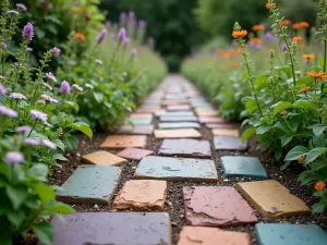 Book Spine Path - A creative garden path made from colored concrete stamped to look like book spines, lined with flowering herbs, close-up detail